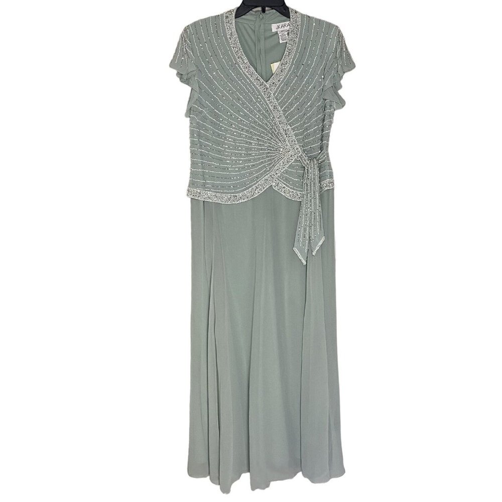 J Kara Womens Size 10 Petite Green Embellished Faux Wrap Flutter Sleeve Gown NWT